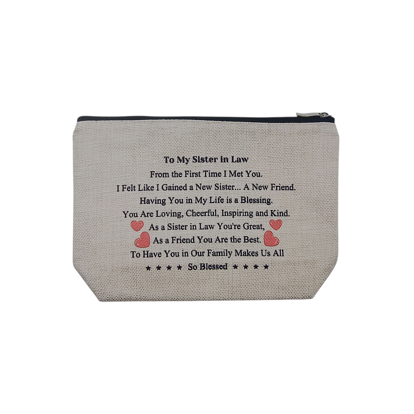 Gray pouch with heartfelt message to a sister-in-law on a white background