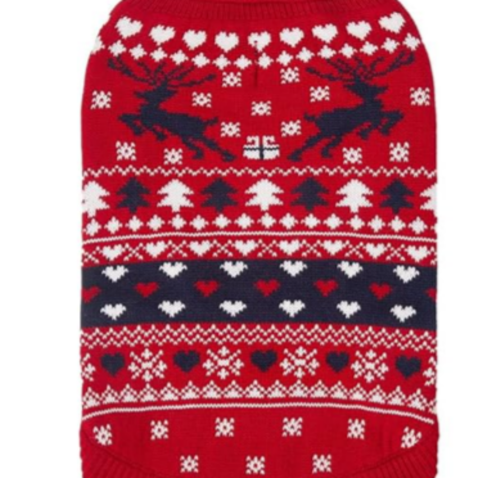 Red sweater with reindeer and snowflake pattern on a white background