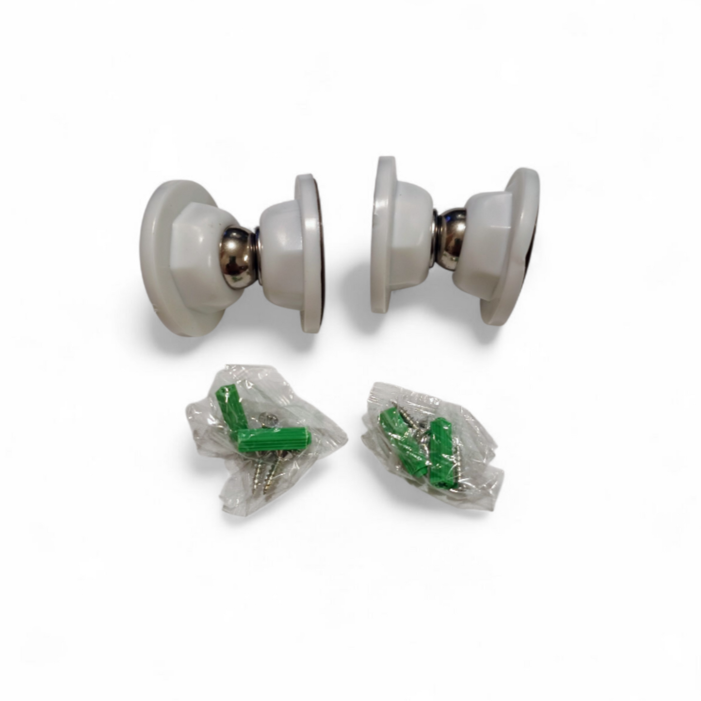 Pair of white earrings with green gemstones on a white background