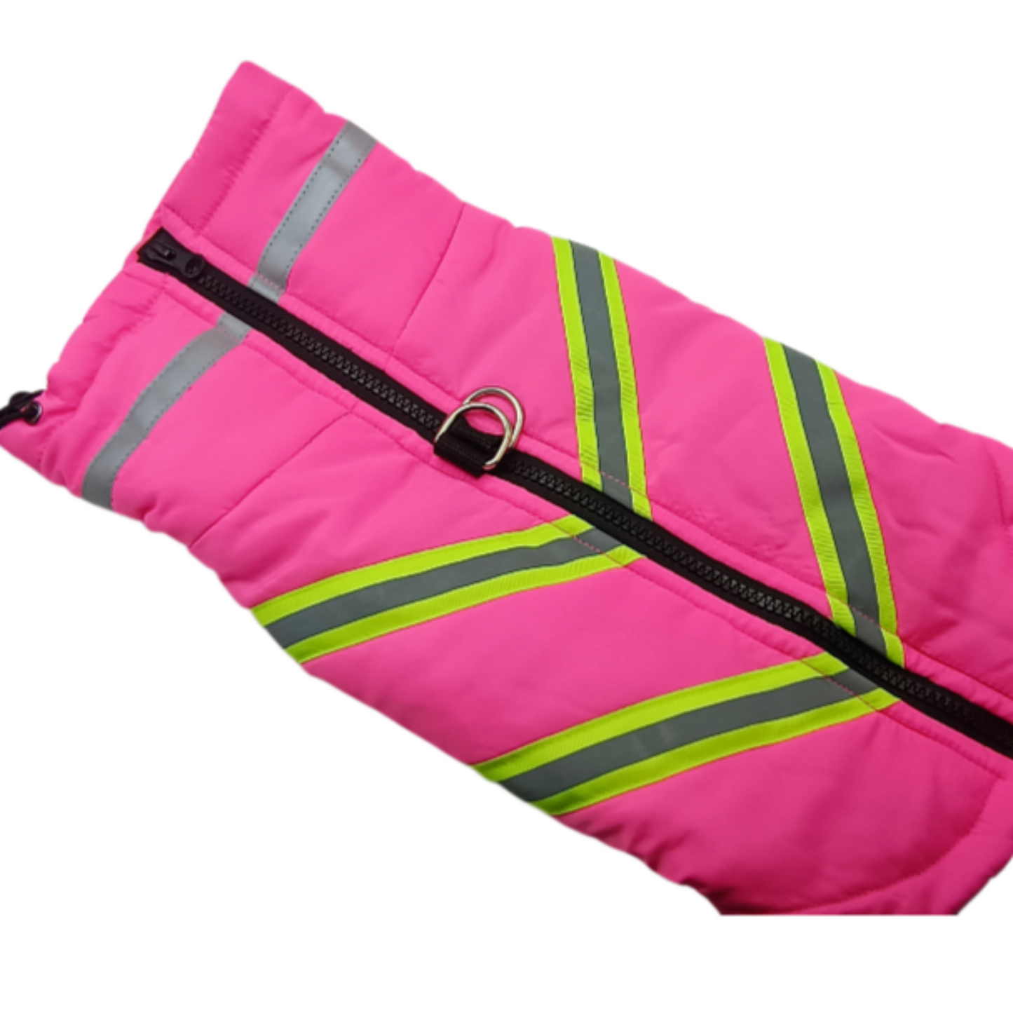 Pink dog coat with reflective stripes on a white background