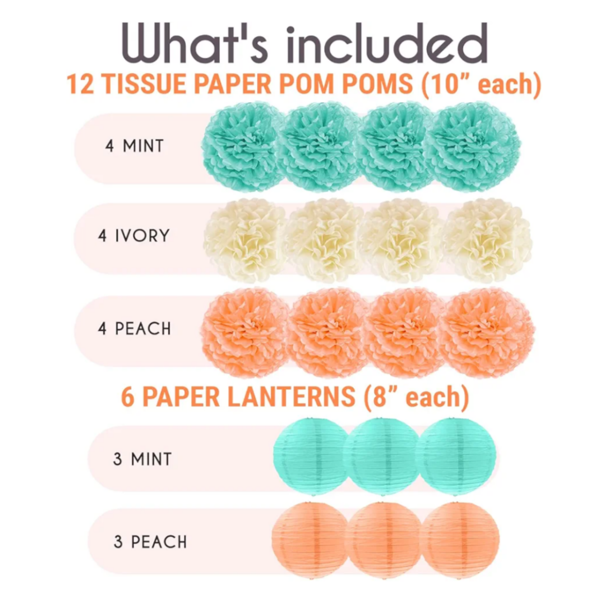 Product listing of tissue paper pom poms and paper lanterns with color and quantity information.