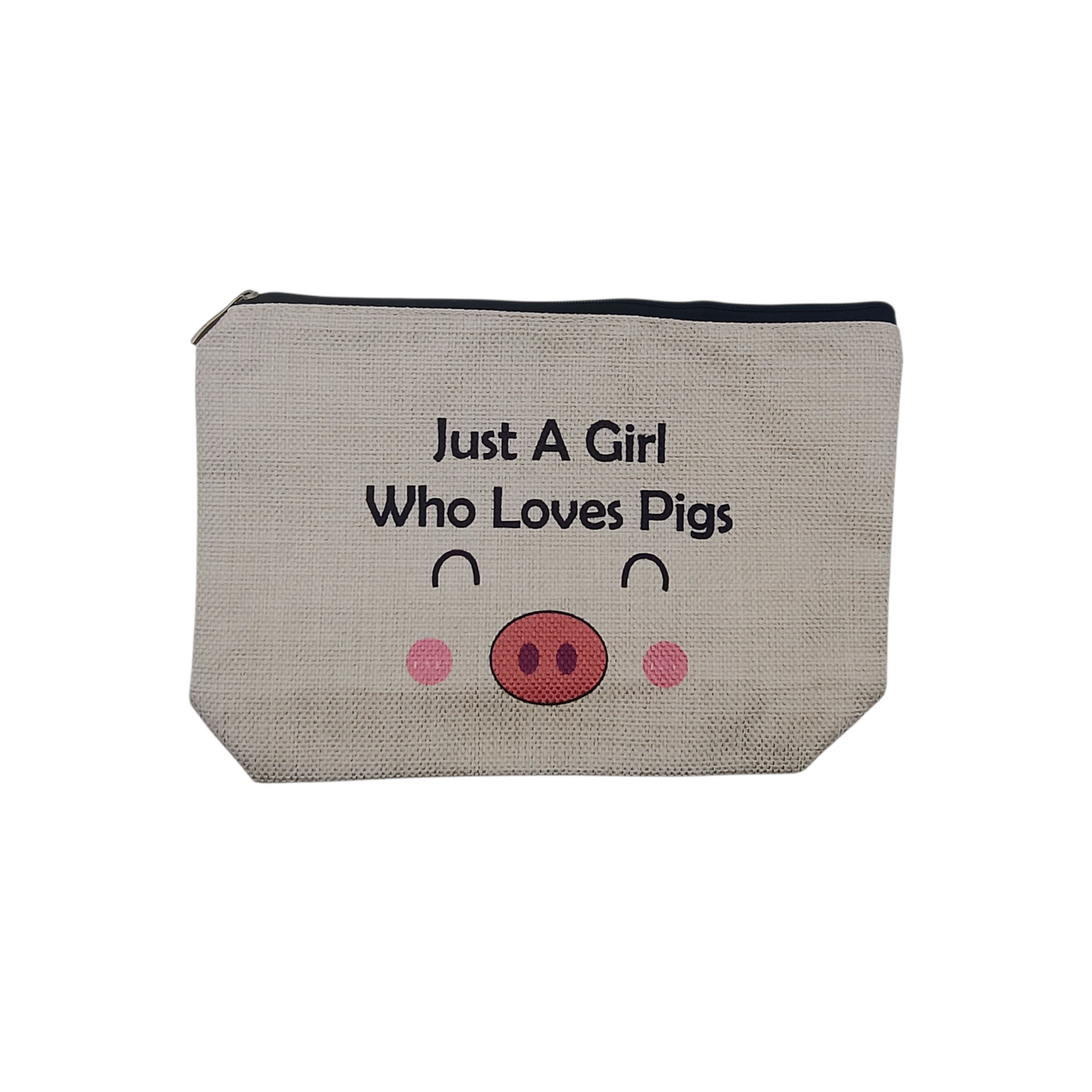 Pouch with 'Just A Girl Who Loves Pigs' text and pig face design on a beige background