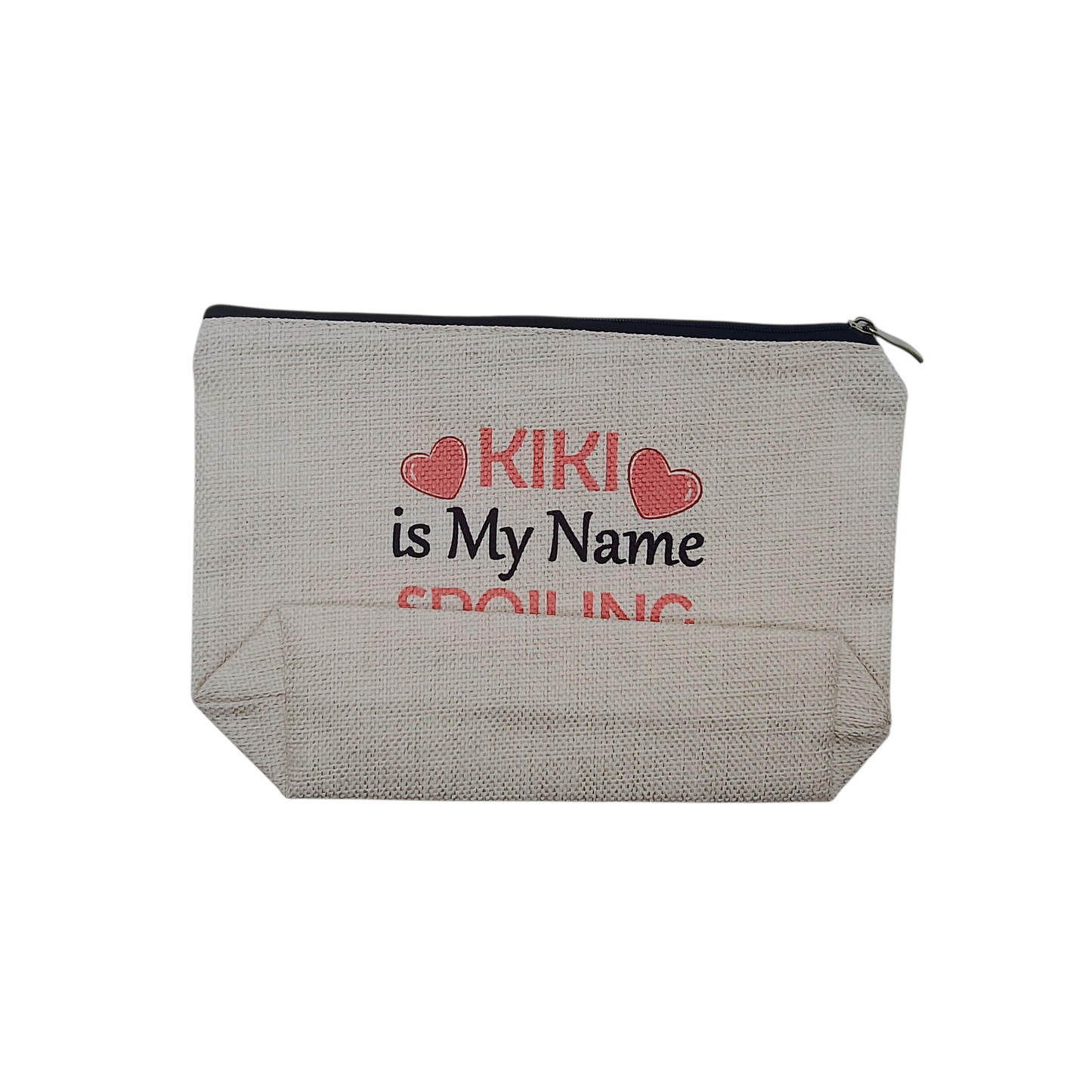 Gray pouch with 'KIKI is My Name' text and heart designs on a white background