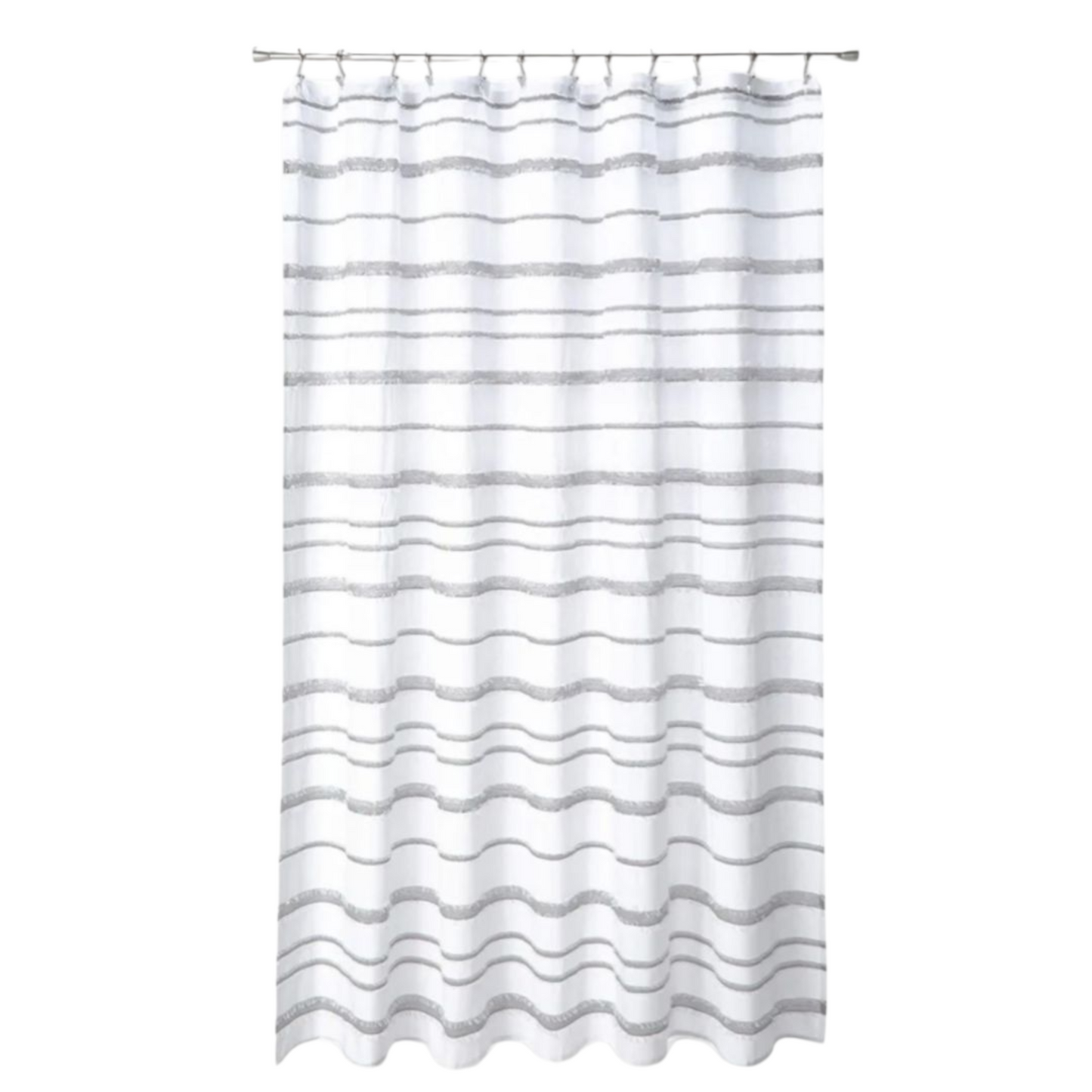 Striped shower curtain with a wavy pattern on a white background