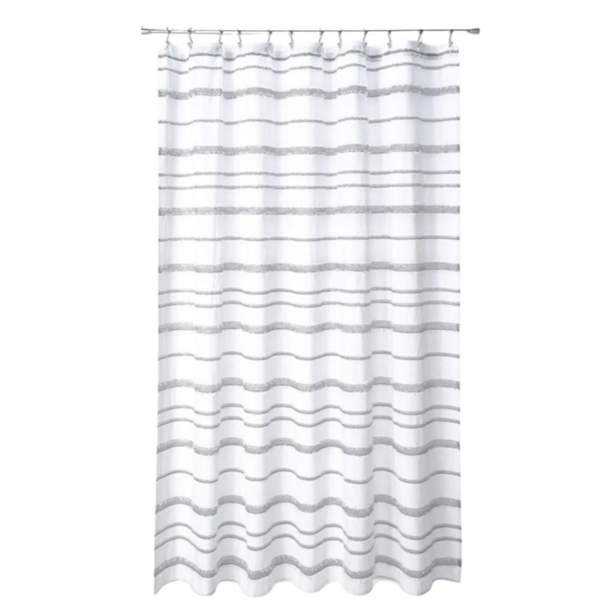 Striped shower curtain with a wavy pattern on a white background