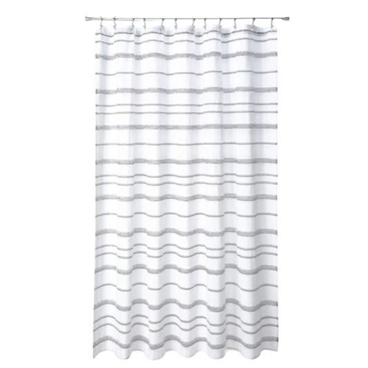 Striped shower curtain with a wavy pattern on a white background