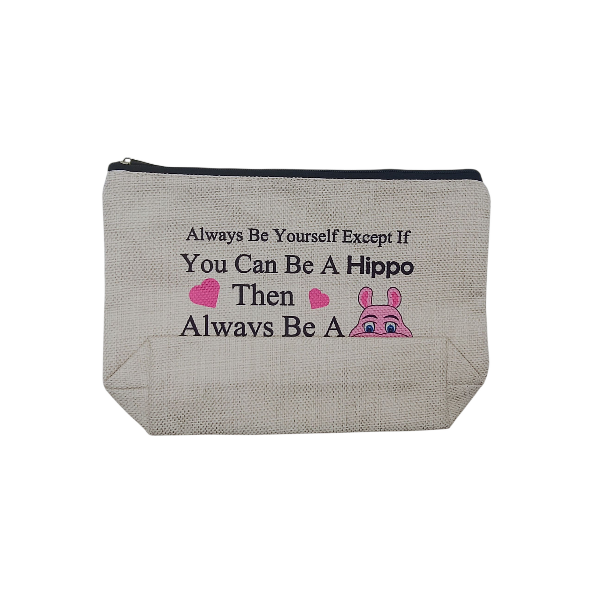 Gray pouch with text and hippo illustration on a white background