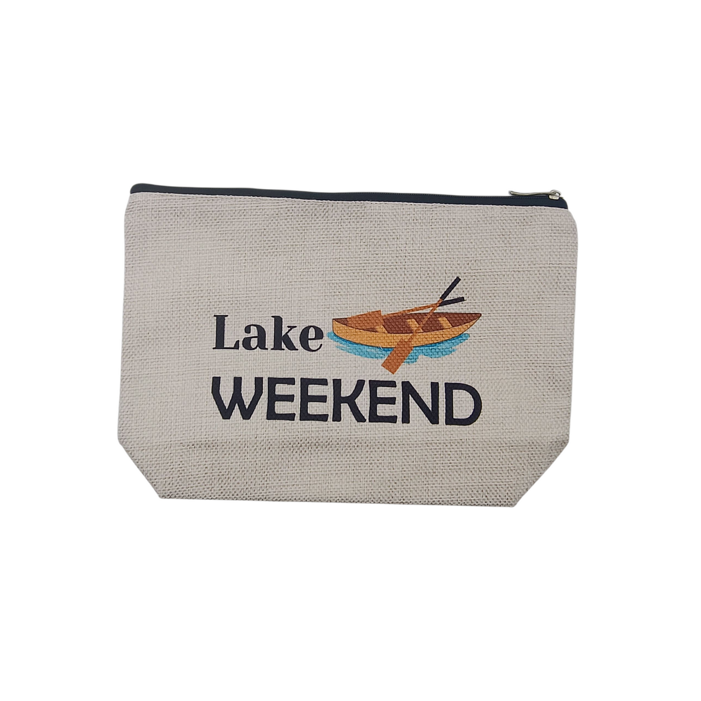 Beige pouch with 'Lake Weekend' text and boat graphic on a white background