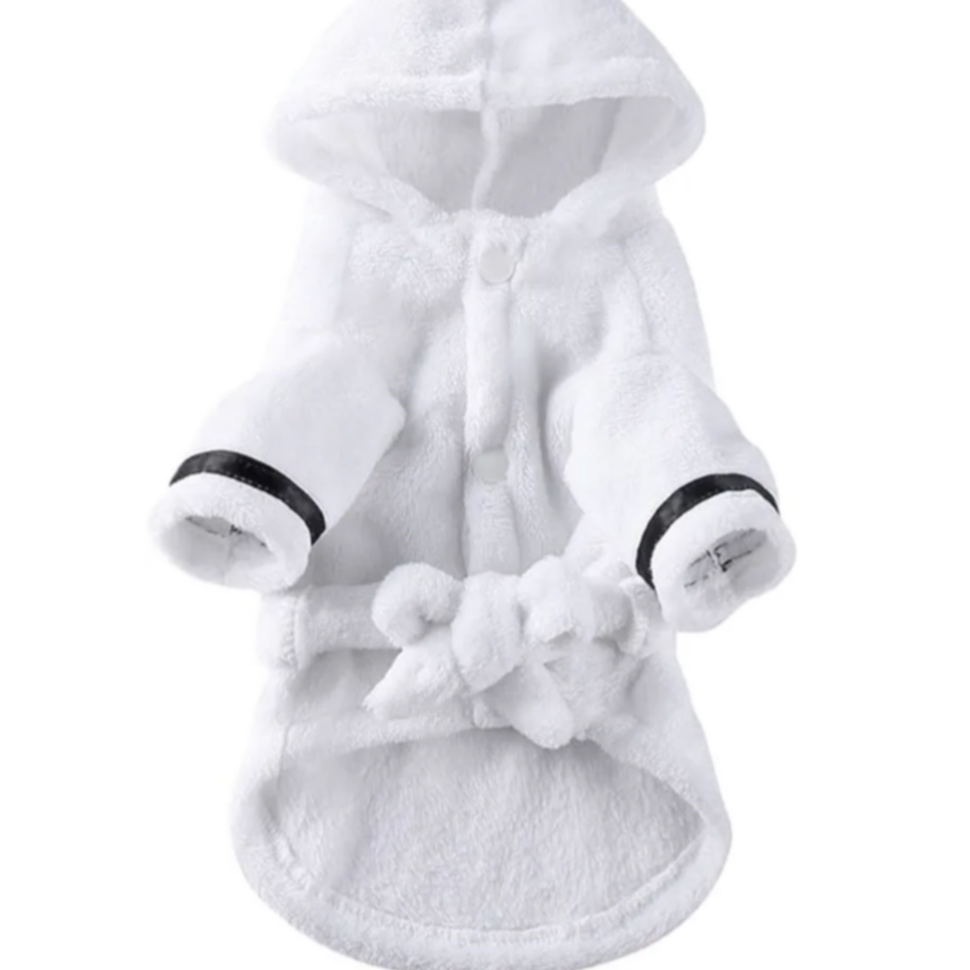 White pet outfit with black trim on a white background