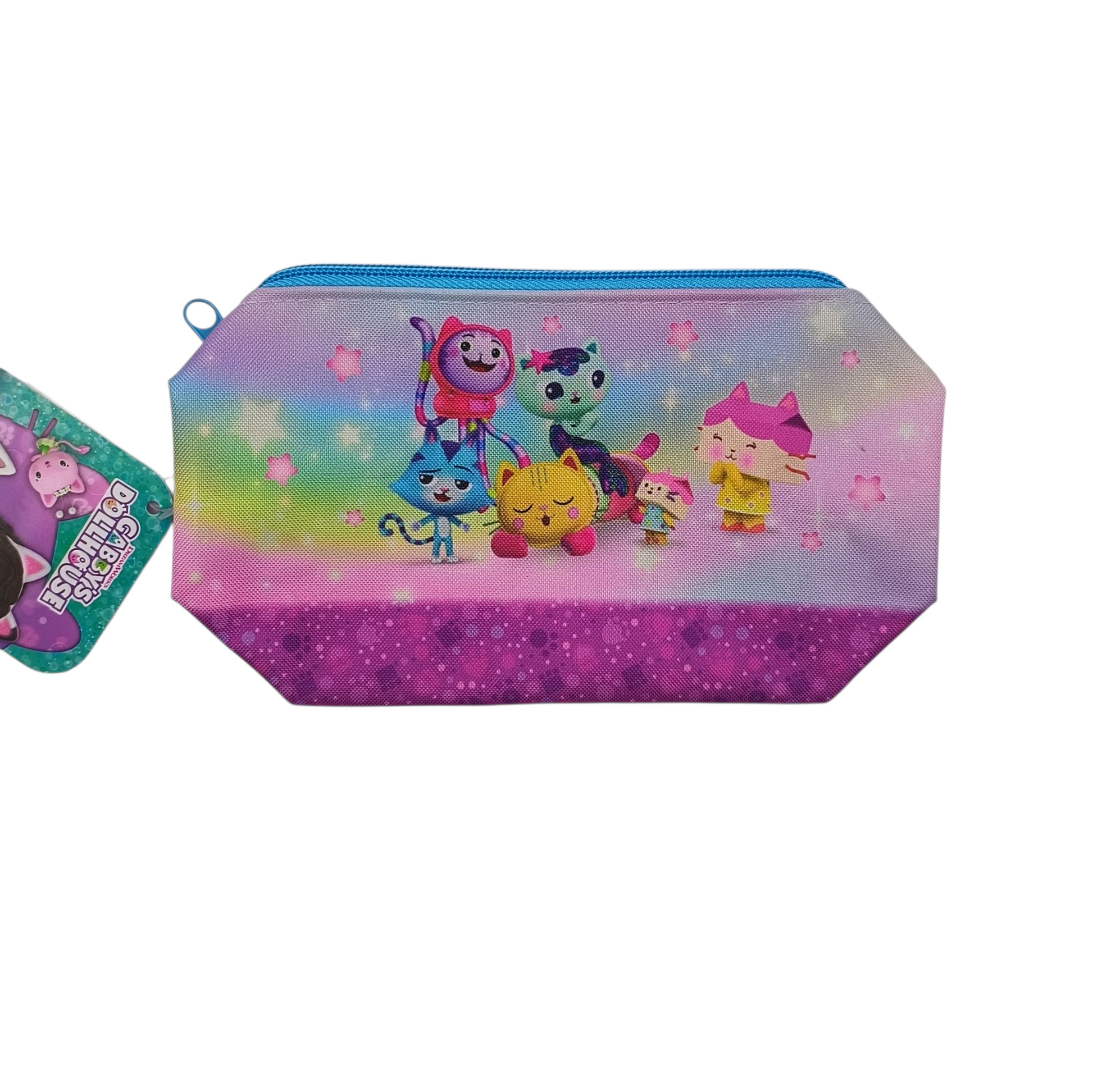 Colorful pencil case with cartoon characters on a white background