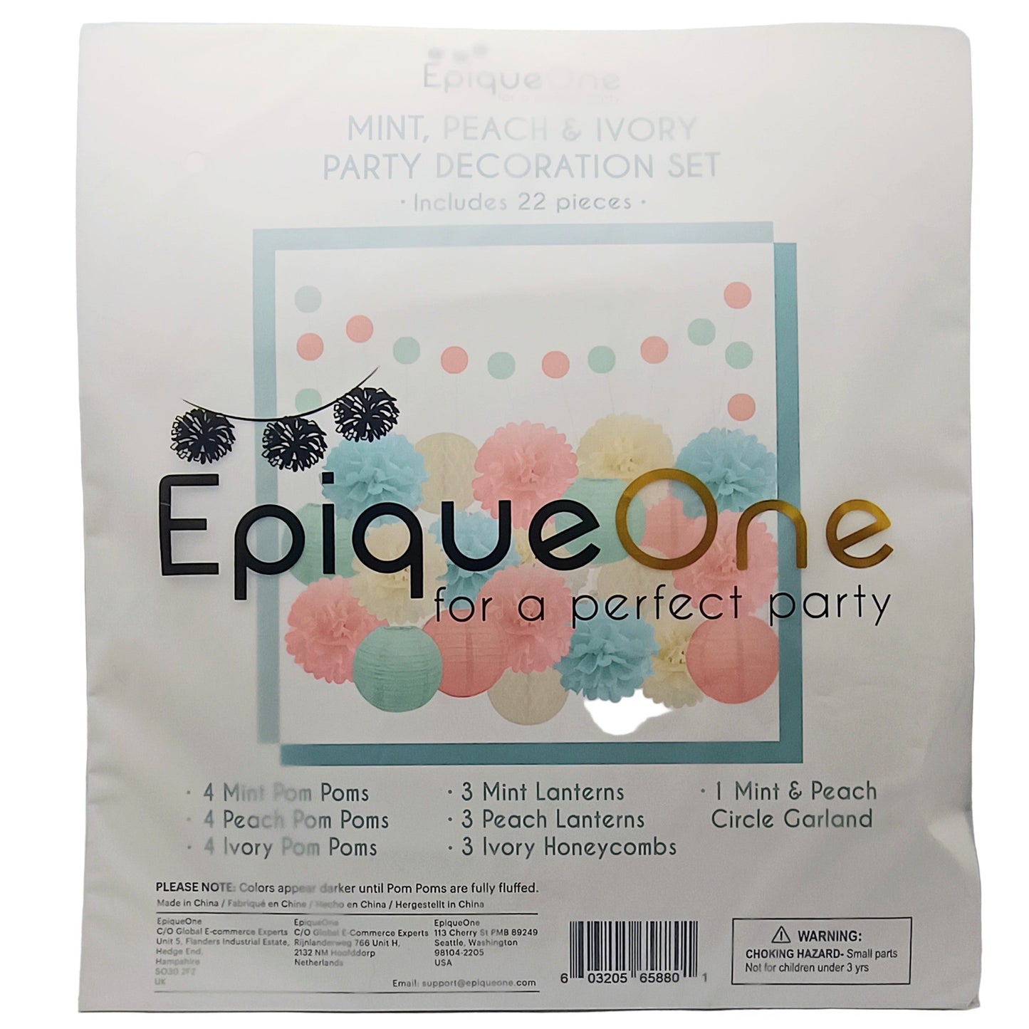 Epique One party decoration set packaging with colorful pom-poms and lanterns on a white background
