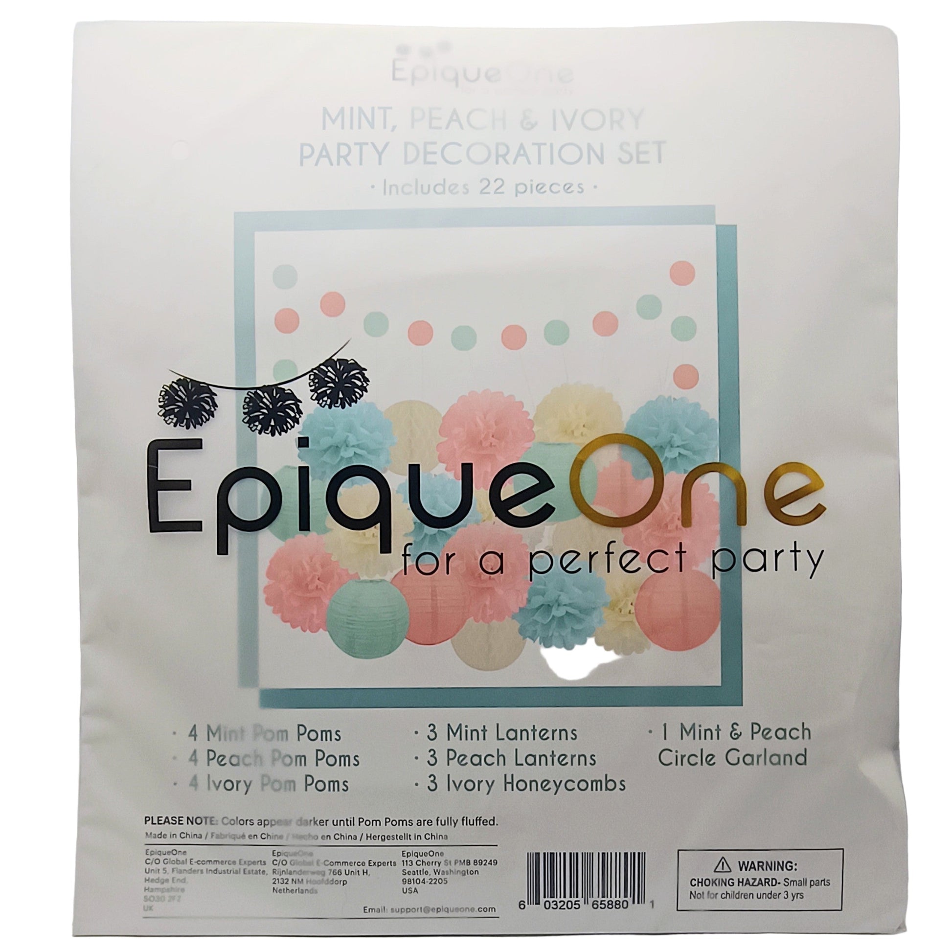 Epique One party decoration set packaging with colorful pom-poms and lanterns on a white background