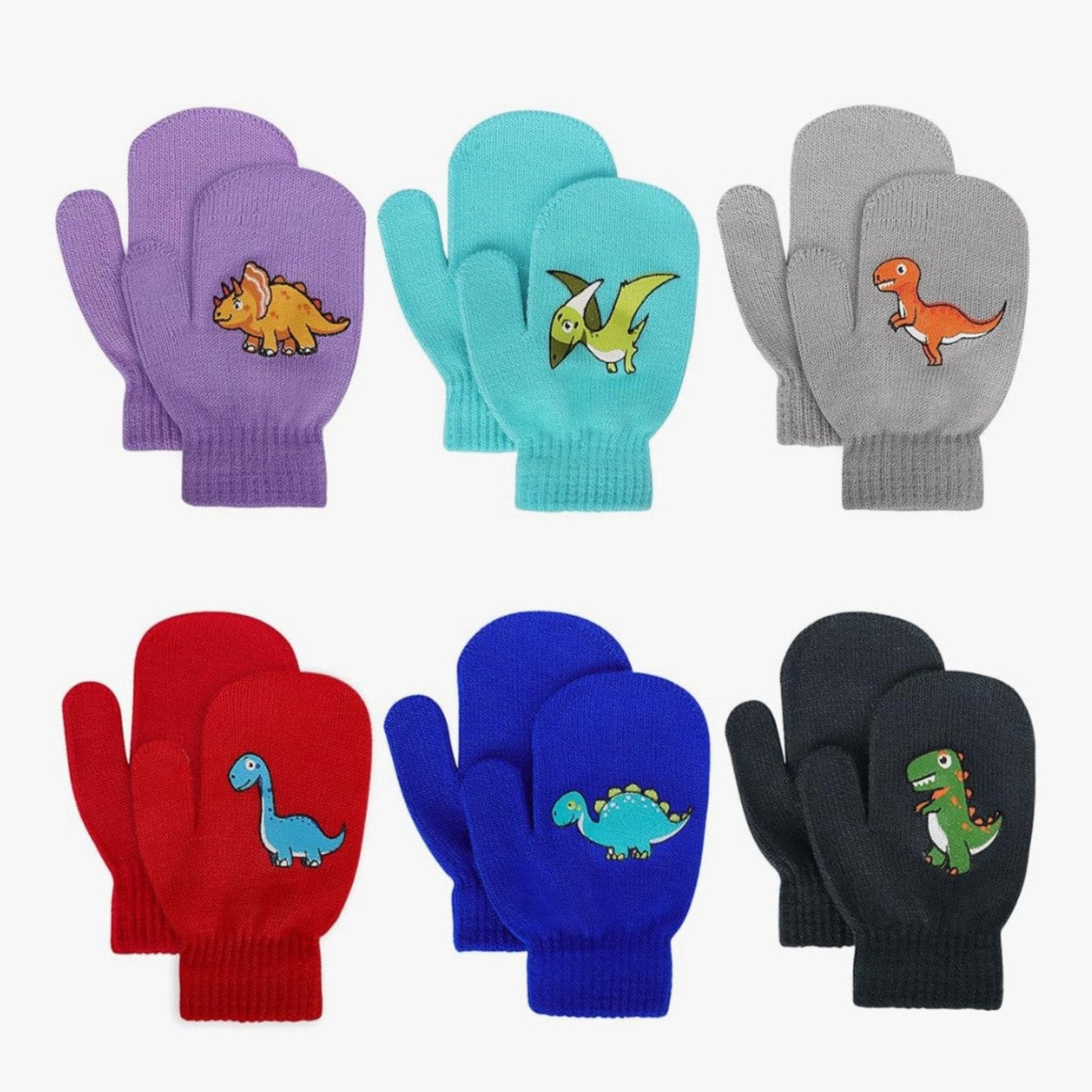 Set of six children's gloves with dinosaur designs on a white background