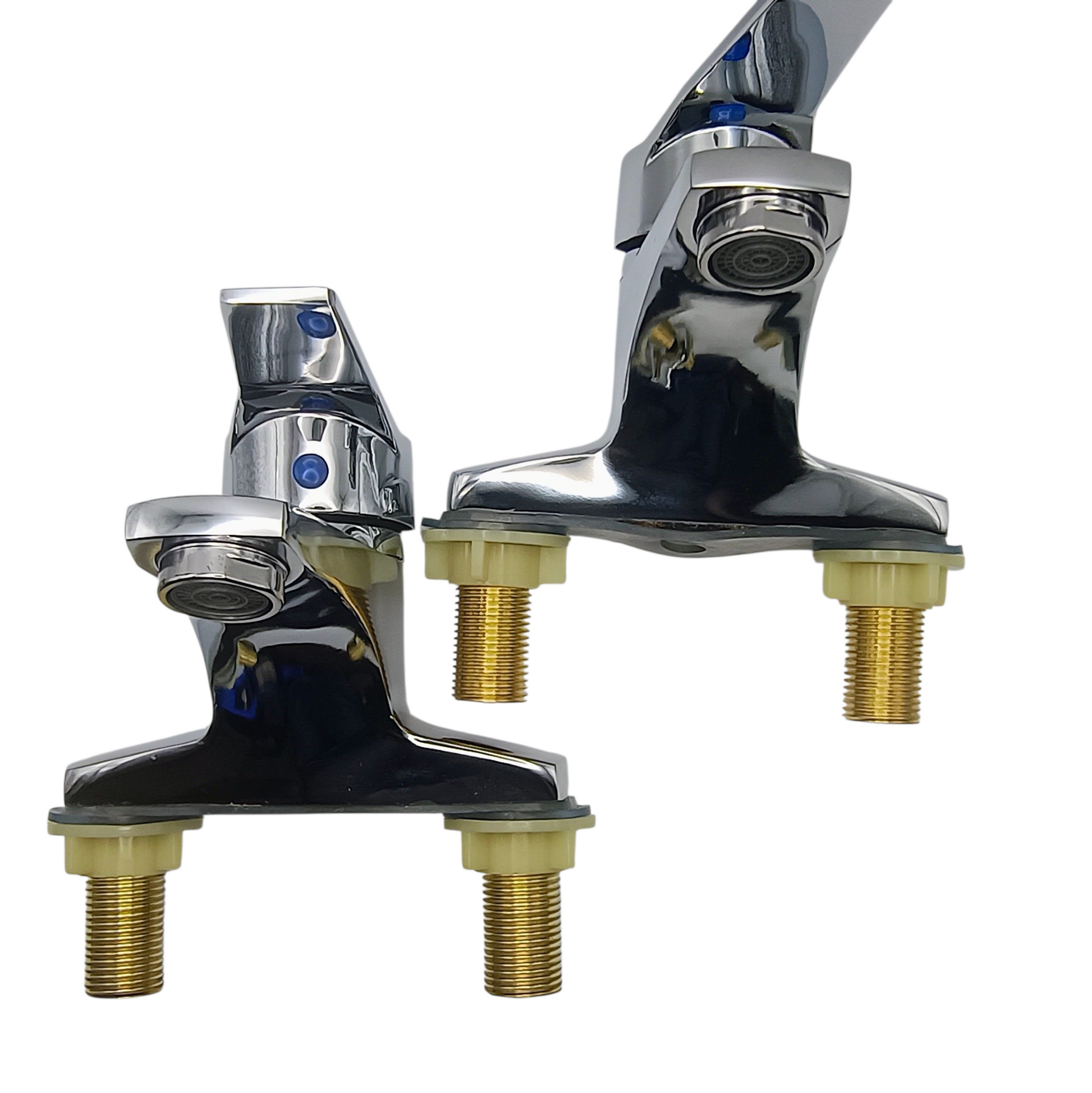 Chrome metal bracket with brass screws on a white background