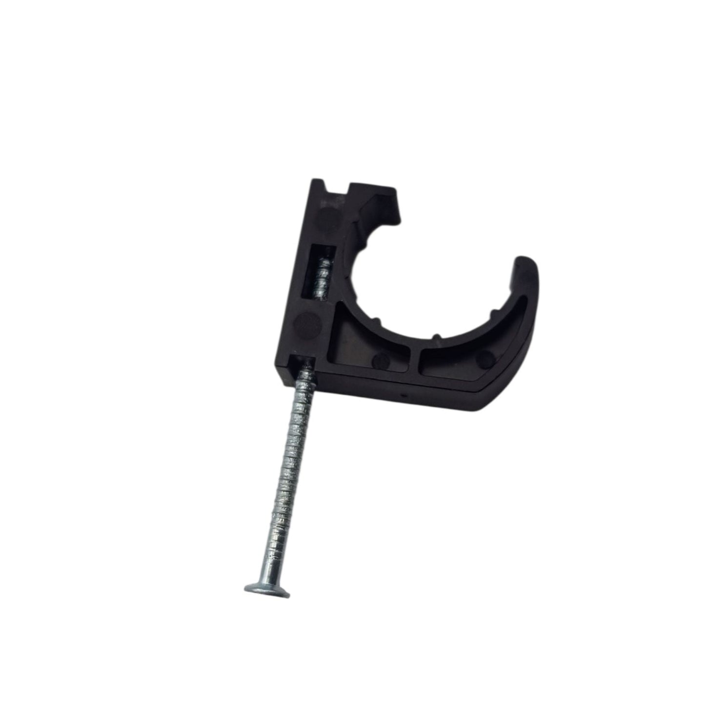 Black pipe clamp holding a metal pipe on a white background