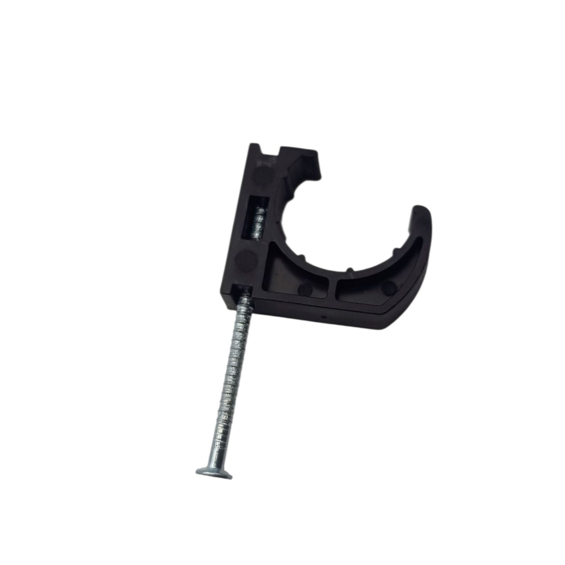 Black pipe clamp holding a metal pipe on a white background
