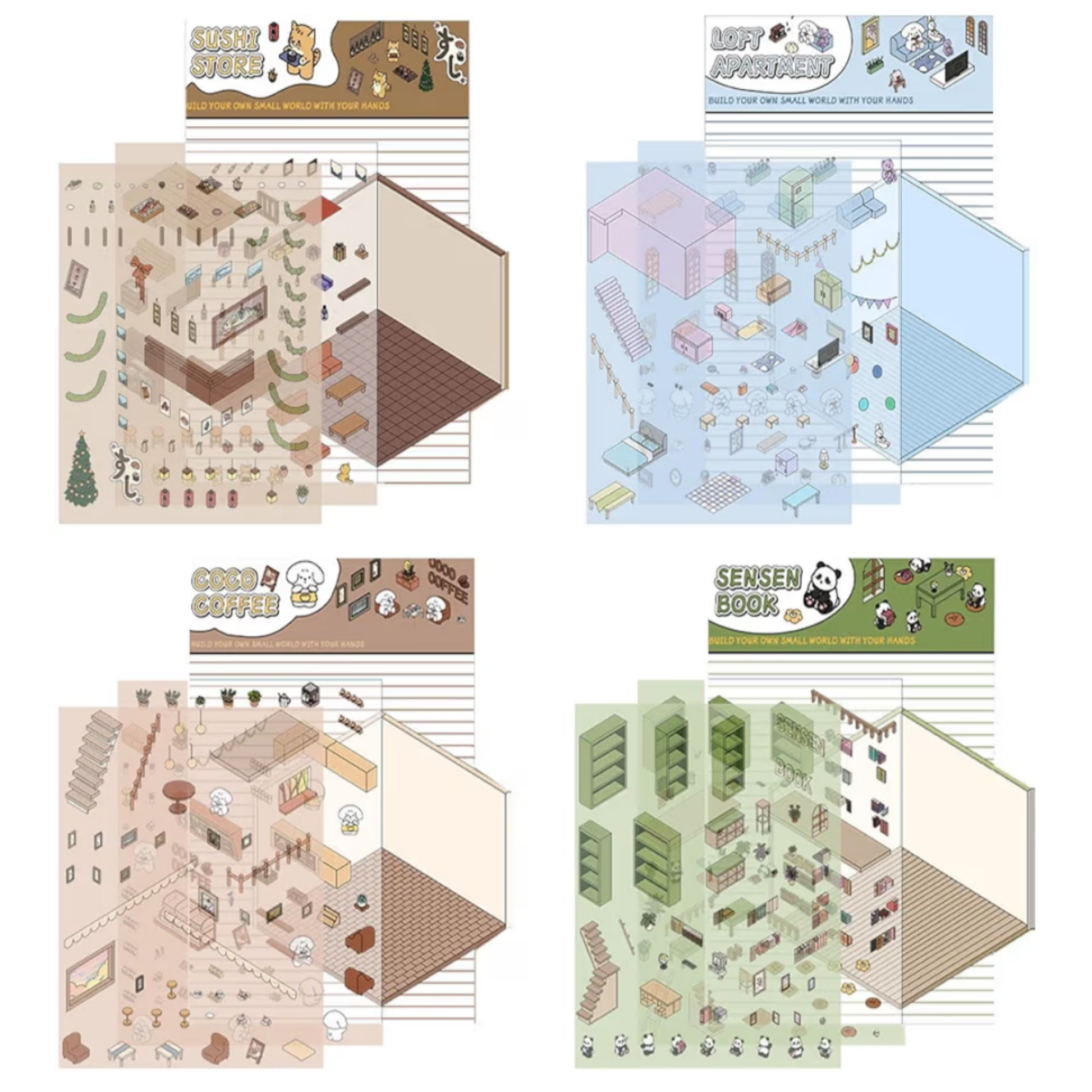 Set of paper models of buildings and rooms with different color schemes.