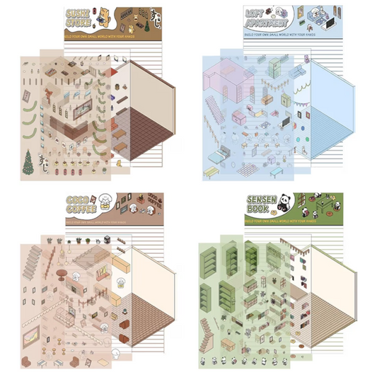 Set of paper models of buildings and rooms with different color schemes.