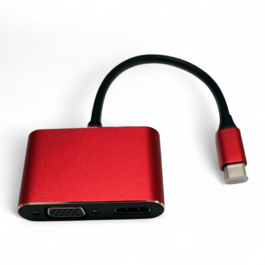 Red adapter with multiple ports on a white background