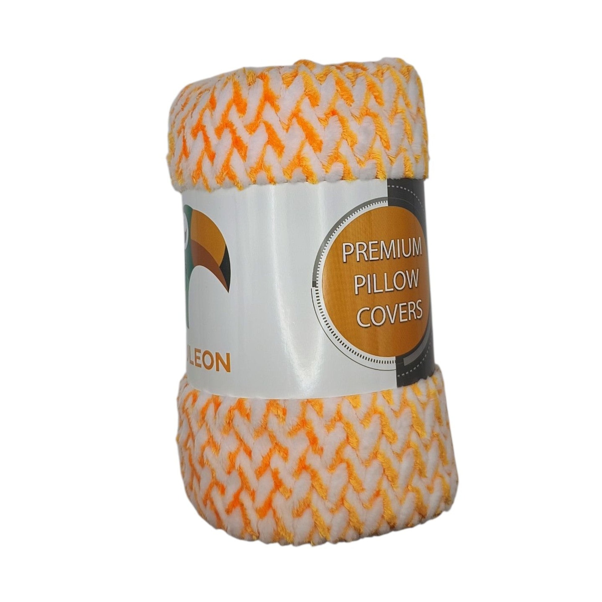 Packaged premium pillow covers with orange and white pattern on a white background