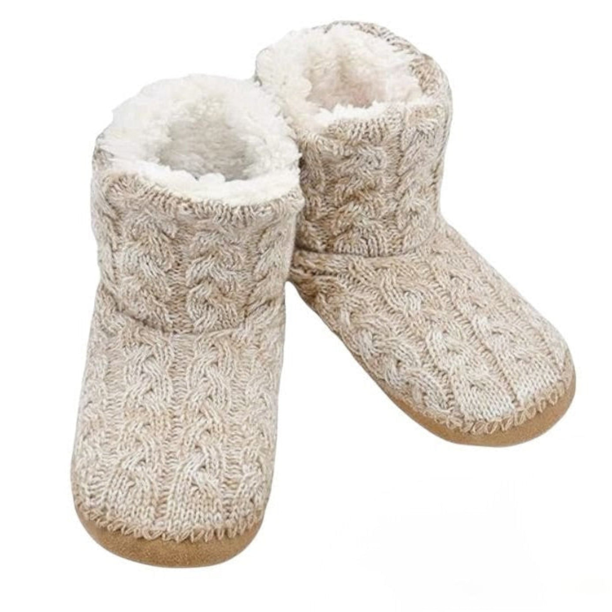 Pair of beige knitted slippers with fluffy interior on a white background
